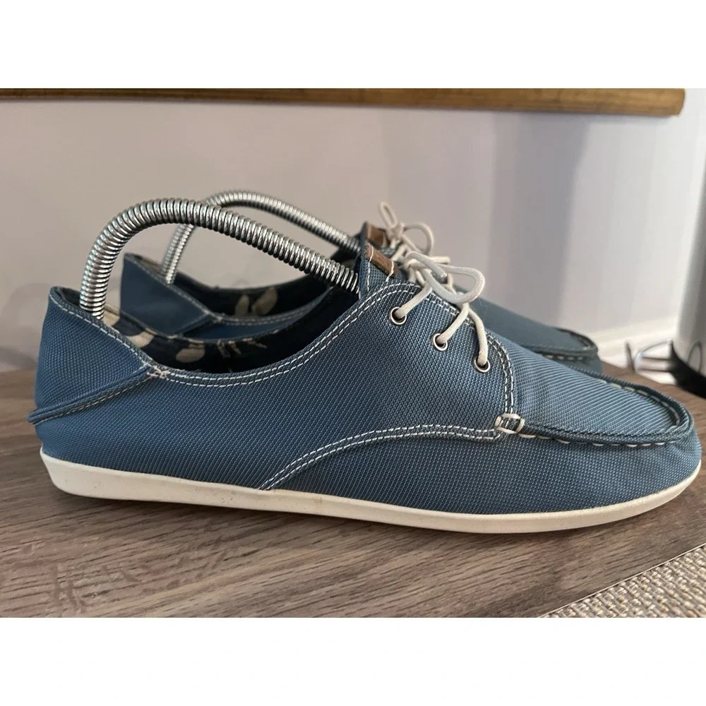 OluKai Women's 9 Heleuma Boat Shoes White Laces Blue Canvas W1